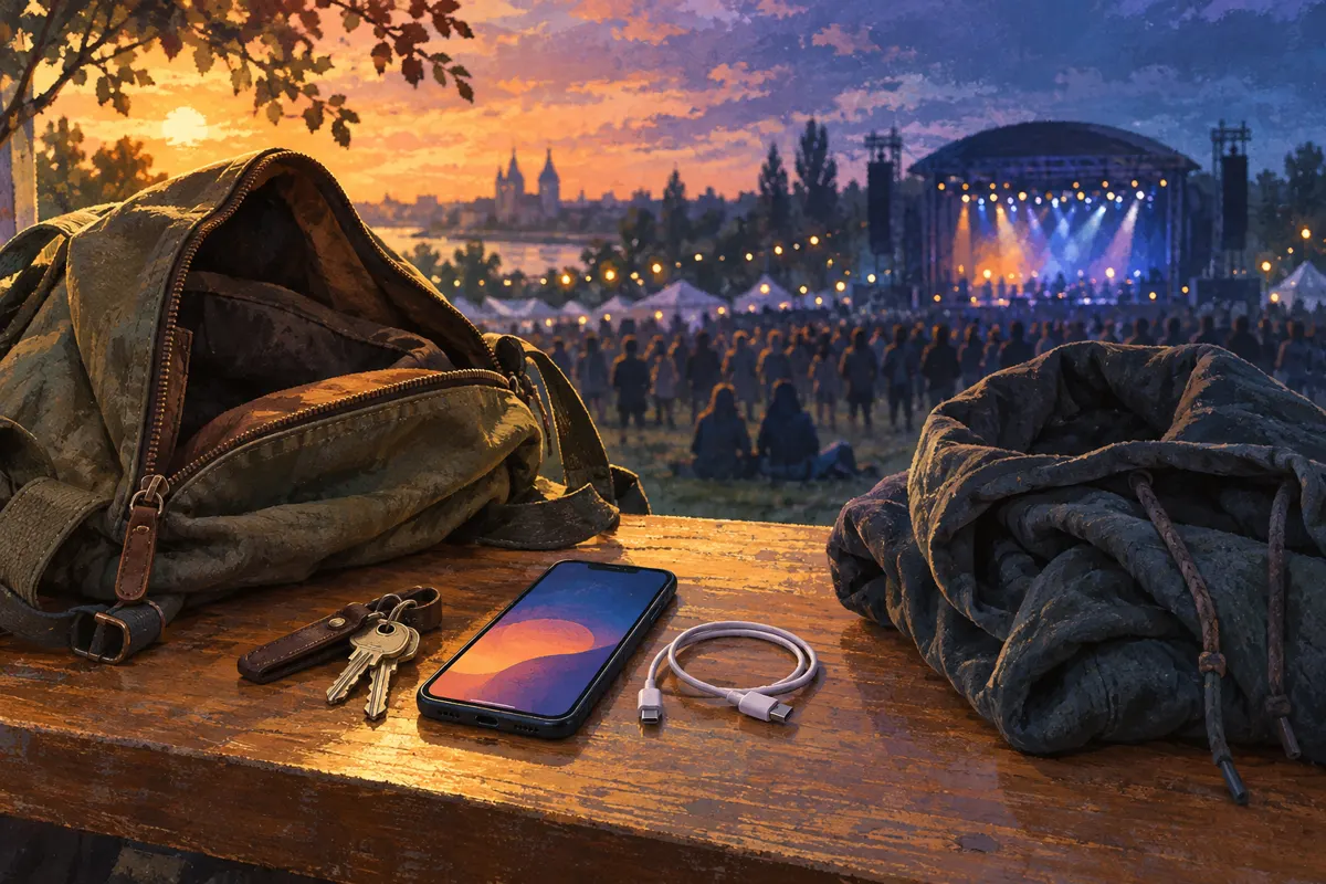 Ilustracja małego plecaka i rzeczy przygotowanych na koncert plenerowy po pracy.