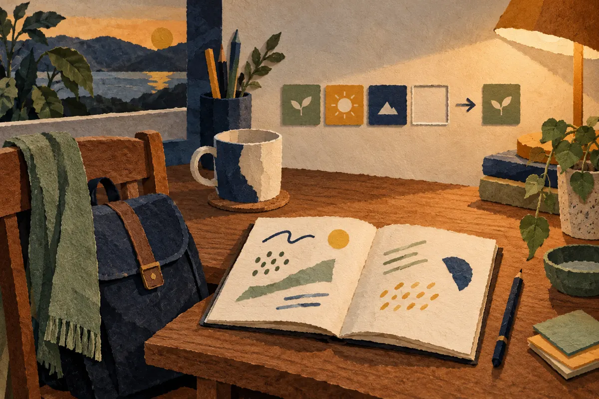 Ilustracja wieczornego biurka z zeszytem i czteroczęściowym symbolem krótkiej sesji nauki.