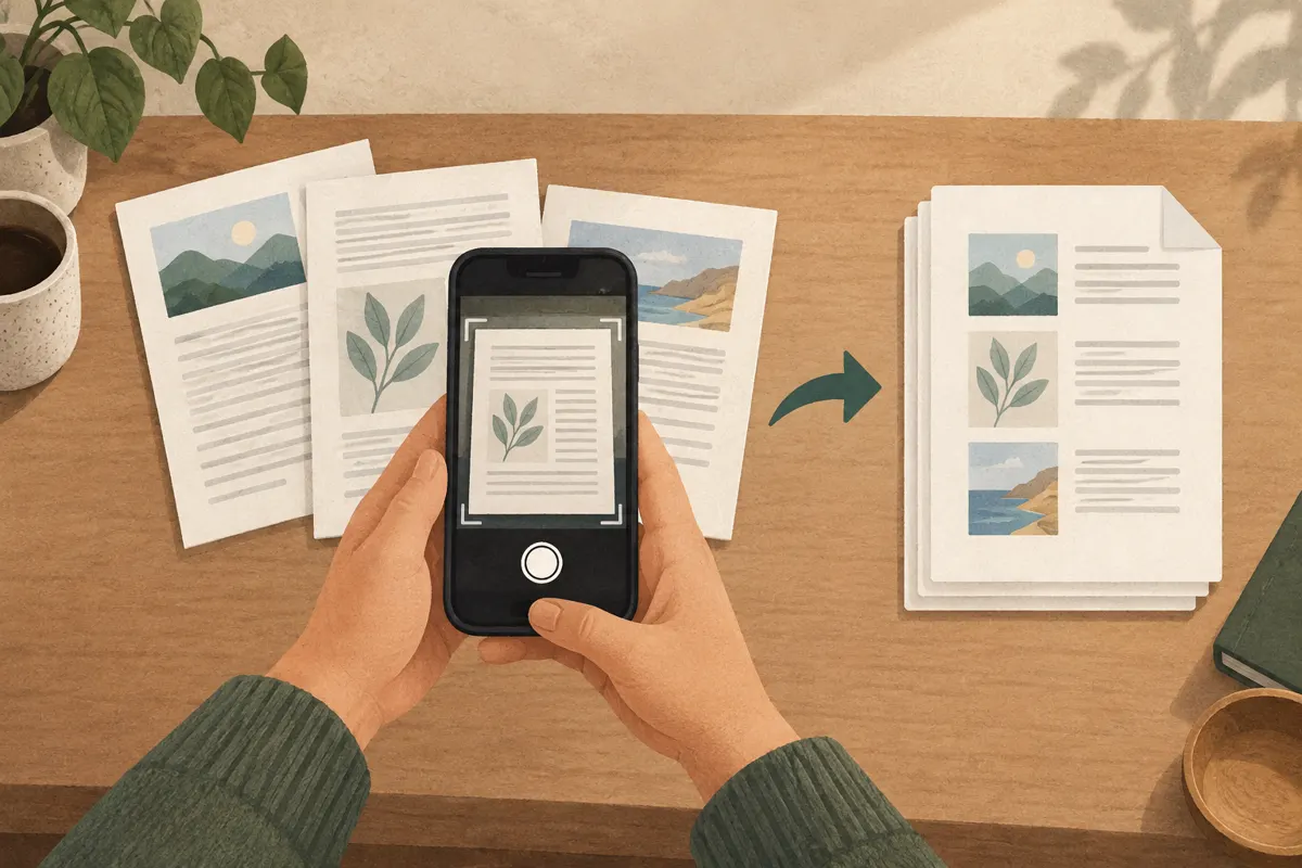 Ilustracja telefonu skanującego kilka kartek do jednego dokumentu